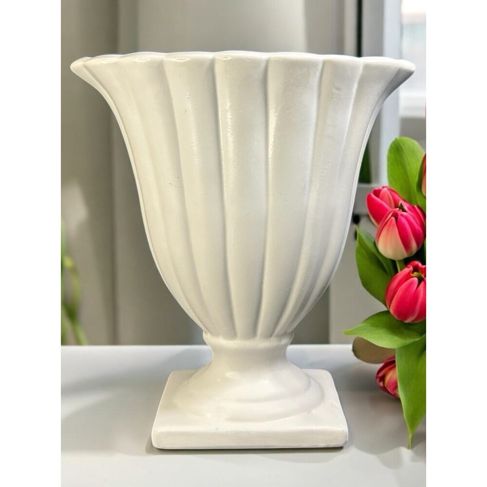 - Large MCM Ceramic White Footed Urn Style Fan Vase